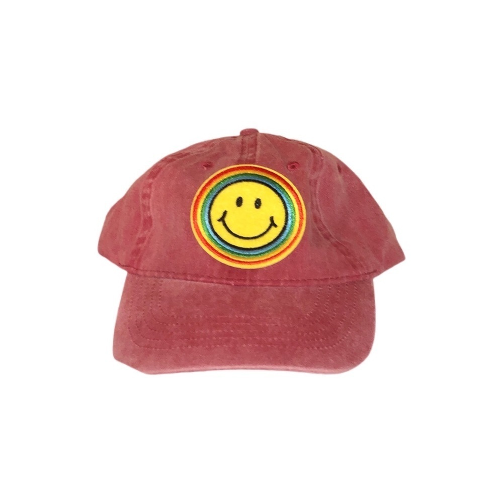 Washed Pink Baseball Hat W/ Rainbow Smiley Patch - Picture 2 of 3